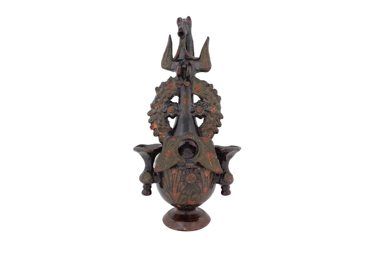 Lot 117 - AN UNUSUAL AND RARE GOLD-ENAMELLED AND DARK BROWN-GLAZED CANAKKALE POTTERY VASE