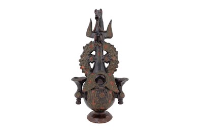 Lot 117 - AN UNUSUAL AND RARE GOLD-ENAMELLED AND DARK BROWN-GLAZED CANAKKALE POTTERY VASE