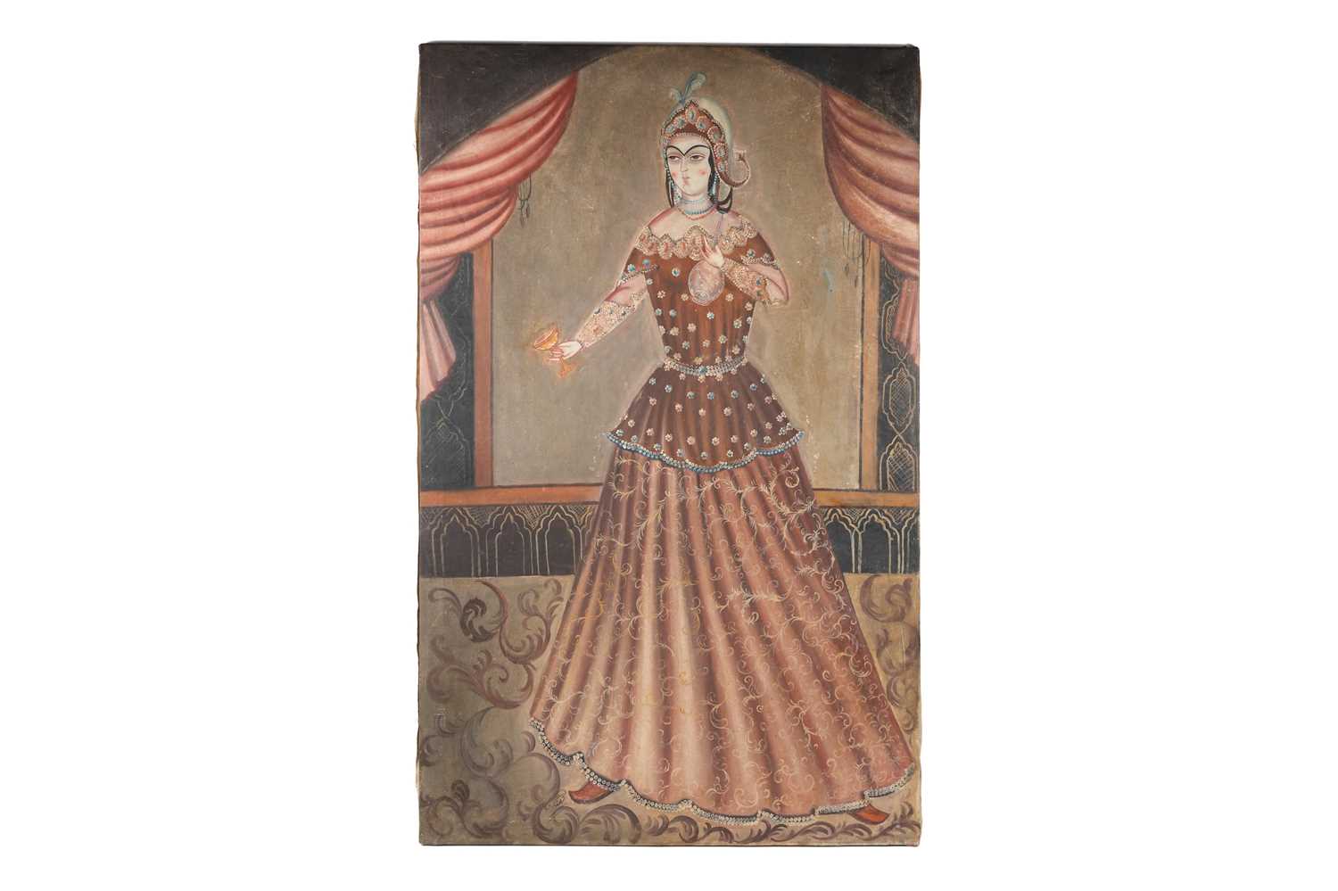 Lot 97 - A QAJAR-REVIVAL COFFEE-HOUSE STYLE PORTRAIT OF A COURTLY MAIDEN