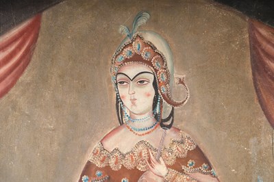 Lot 97 - A QAJAR-REVIVAL COFFEE-HOUSE STYLE PORTRAIT OF A COURTLY MAIDEN