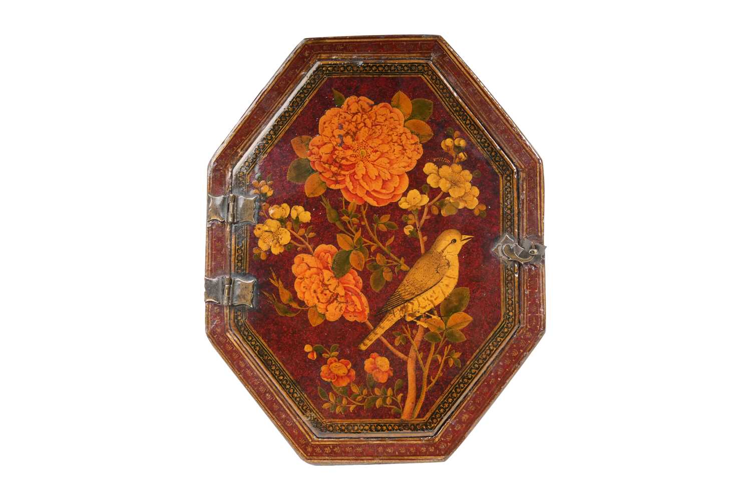 Lot 100 - A QAJAR POLYCHROME-PAINTED LACQUERED PAPIER-MÂCHÉ MIRROR CASE
