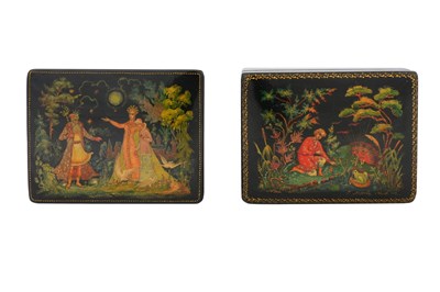 Lot 76 - TWO RUSSIAN POLYCHROME-PAINTED PALEKH LACQUERED BOXES BY BELOUSOVA AND MORYAKOVA