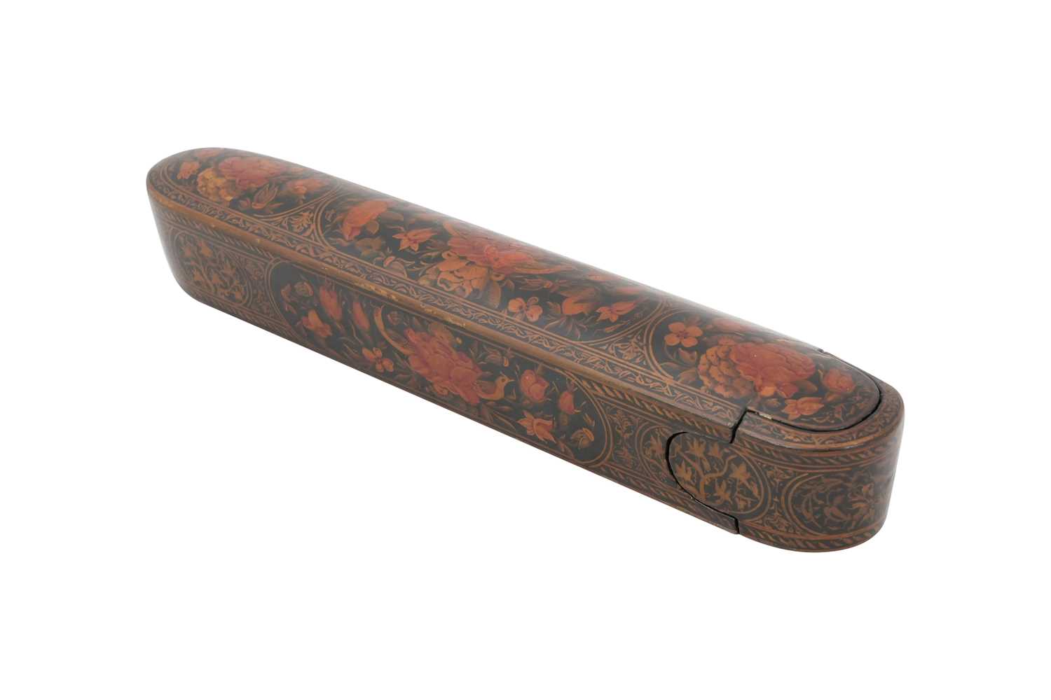 Lot 107 - A QAJAR LACQUERED PAPIER-MÂCHÉ PEN CASE (QALAMDAN) WITH GOL O BOLBOL MOTIF
