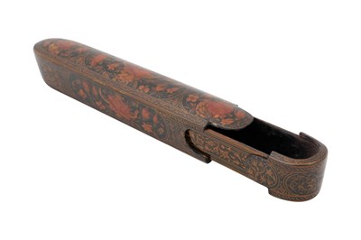 Lot 107 - A QAJAR LACQUERED PAPIER-MÂCHÉ PEN CASE (QALAMDAN) WITH GOL O BOLBOL MOTIF