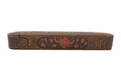 Lot 107 - A QAJAR LACQUERED PAPIER-MÂCHÉ PEN CASE (QALAMDAN) WITH GOL O BOLBOL MOTIF
