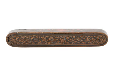 Lot 107 - A QAJAR LACQUERED PAPIER-MÂCHÉ PEN CASE (QALAMDAN) WITH GOL O BOLBOL MOTIF