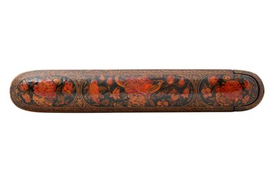 Lot 107 - A QAJAR LACQUERED PAPIER-MÂCHÉ PEN CASE (QALAMDAN) WITH GOL O BOLBOL MOTIF
