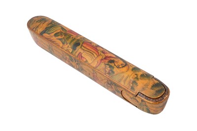 Lot 103 - A QAJAR LACQUERED PAPIER-MÂCHÉ PEN CASE (QALAMDAN) WITH SUFI SHEYKHS AND DERVISHES