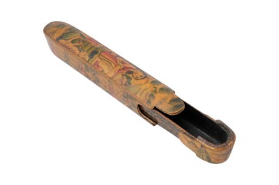 Lot 103 - A QAJAR LACQUERED PAPIER-MÂCHÉ PEN CASE (QALAMDAN) WITH SUFI SHEYKHS AND DERVISHES