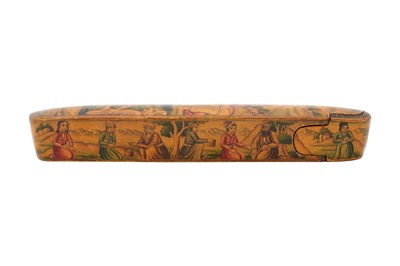 Lot 103 - A QAJAR LACQUERED PAPIER-MÂCHÉ PEN CASE (QALAMDAN) WITH SUFI SHEYKHS AND DERVISHES
