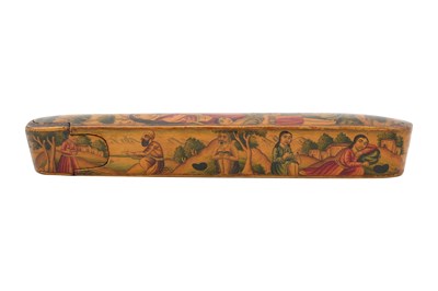 Lot 103 - A QAJAR LACQUERED PAPIER-MÂCHÉ PEN CASE (QALAMDAN) WITH SUFI SHEYKHS AND DERVISHES