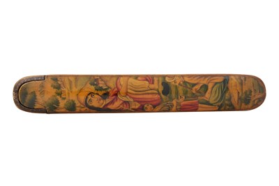 Lot 103 - A QAJAR LACQUERED PAPIER-MÂCHÉ PEN CASE (QALAMDAN) WITH SUFI SHEYKHS AND DERVISHES