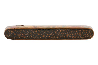 Lot 103 - A QAJAR LACQUERED PAPIER-MÂCHÉ PEN CASE (QALAMDAN) WITH SUFI SHEYKHS AND DERVISHES