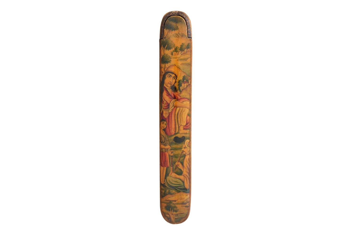 Lot 103 - A QAJAR LACQUERED PAPIER-MÂCHÉ PEN CASE (QALAMDAN) WITH SUFI SHEYKHS AND DERVISHES