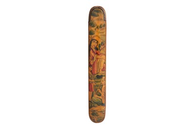 Lot 103 - A QAJAR LACQUERED PAPIER-MÂCHÉ PEN CASE (QALAMDAN) WITH SUFI SHEYKHS AND DERVISHES