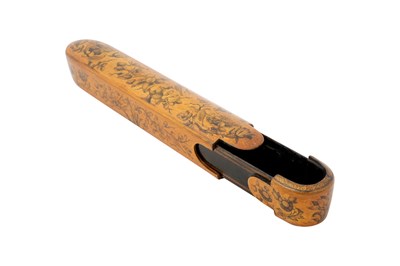 Lot 109 - A QAJAR GRISAILLE LACQUERED PAPIER-MÂCHÉ PEN CASE (QALAMDAN)