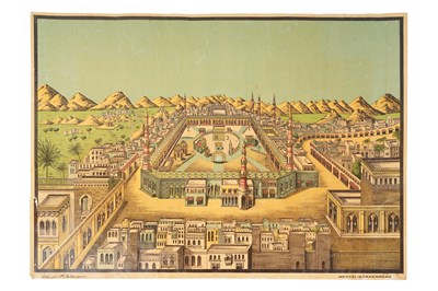 Lot 73 - HAJJ MEMORABILIA: TWO CHROMOLITHOGRAPHED HAJJ CERTIFICATES AND OTHER PRINTS