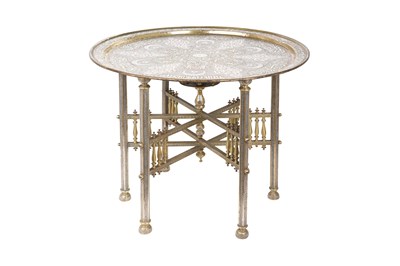 Lot 193 - A MAMLUK-REVIVAL DAMASCUS-WARE SILVER AND COPPER-INLAID BRASS OCCASIONAL TABLE
