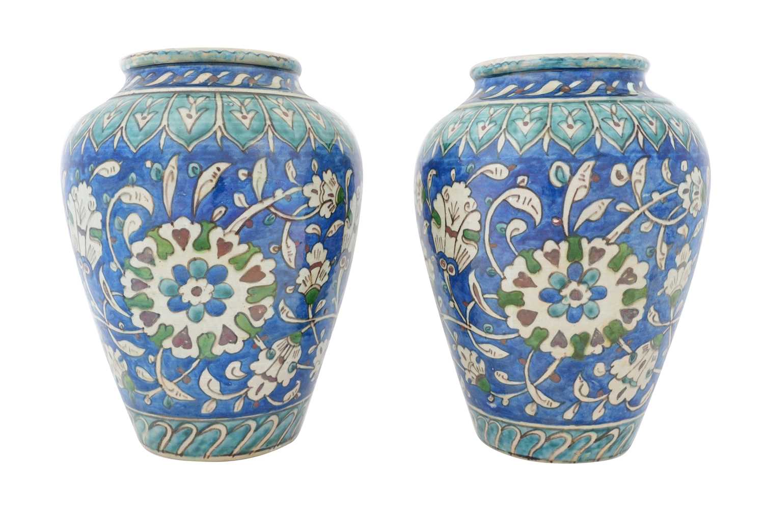 Lot 123 - A PAIR OF ARMENIAN POLYCHROME-PAINTED KARAKASHIAN POTTERY VASES