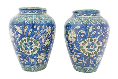 Lot 123 - A PAIR OF ARMENIAN POLYCHROME-PAINTED KARAKASHIAN POTTERY VASES