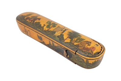 Lot 110 - A LACQUERED PAPIER-MÂCHÉ PEN CASE (QALAMDAN) WITH SCENES FROM NIZAMI’S KHOSROW O SHIRIN