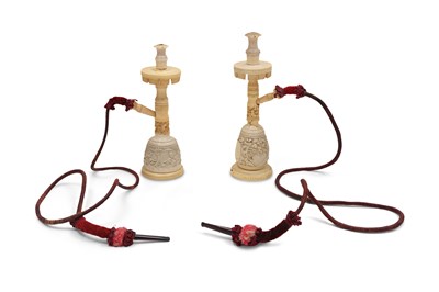 Lot 182 - A NEAR PAIR OF CARVED TURKISH MEERSCHAUM MINIATURE WATERPIPE BASES (NARGILEH OR SHISHA)