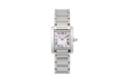 Lot 14 - A LADIES CARTIER STAINLESS STEEL QUARTZ BRACELET WATCH.