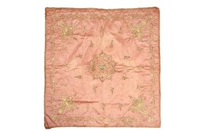 Lot 45 - A TURKISH METAL THREAD-EMBROIDERED PINK SATIN SILK COVER