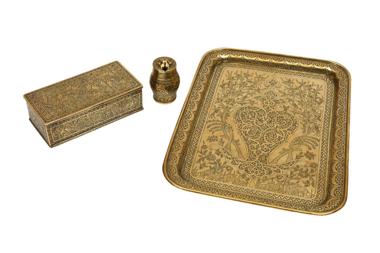 Lot 220 - AN ENGRAVED BRASS SMOKING SET WITH MATCH HOLDER, CIGARETTE BOX, AND TRAY