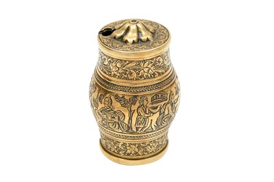 Lot 220 - AN ENGRAVED BRASS SMOKING SET WITH MATCH HOLDER, CIGARETTE BOX, AND TRAY