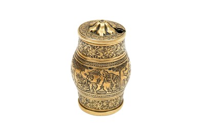 Lot 220 - AN ENGRAVED BRASS SMOKING SET WITH MATCH HOLDER, CIGARETTE BOX, AND TRAY