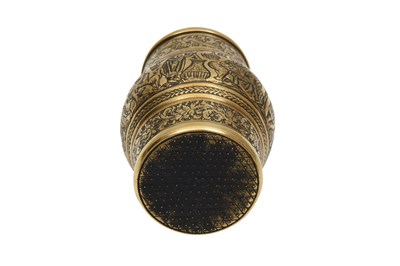 Lot 220 - AN ENGRAVED BRASS SMOKING SET WITH MATCH HOLDER, CIGARETTE BOX, AND TRAY