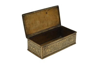 Lot 220 - AN ENGRAVED BRASS SMOKING SET WITH MATCH HOLDER, CIGARETTE BOX, AND TRAY