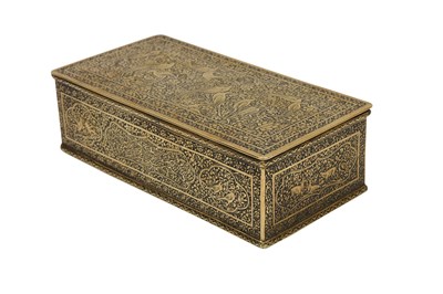 Lot 220 - AN ENGRAVED BRASS SMOKING SET WITH MATCH HOLDER, CIGARETTE BOX, AND TRAY