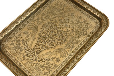 Lot 220 - AN ENGRAVED BRASS SMOKING SET WITH MATCH HOLDER, CIGARETTE BOX, AND TRAY