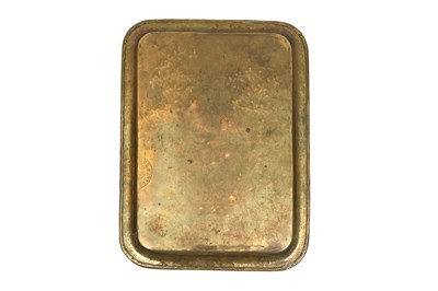 Lot 220 - AN ENGRAVED BRASS SMOKING SET WITH MATCH HOLDER, CIGARETTE BOX, AND TRAY