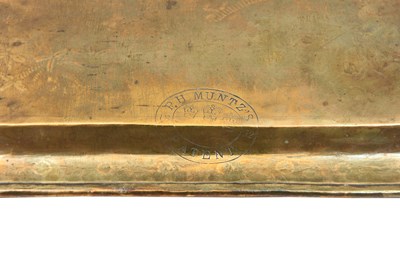 Lot 220 - AN ENGRAVED BRASS SMOKING SET WITH MATCH HOLDER, CIGARETTE BOX, AND TRAY