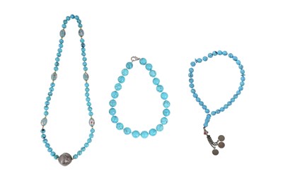Lot 30 - THREE PRAYER BEADS NECKLACES WITH TURQUOISE AND RESIN BEADS.