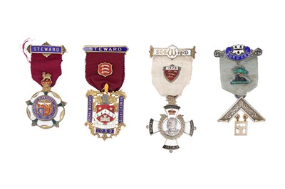 Lot 45 - FOUR SILVER AND ENAMEL FREEMASONIC MEDALS, WITH RIBBONS, LONDON AND BIRMINGHAM.