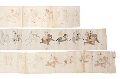 Lot 57 - THREE SCROLLS OF TINTED AND PLAIN INK PREPARATORY SKETCHES OF INDIAN RIDERS AND MAHOUTS