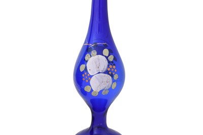 Lot 128 - THREE POLYCHROME-PAINTED CLEAR BLUE BEYKOZ GLASS ROSEWATER SPRINKLERS