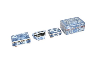 Lot 85 - THREE CHINESE RECTANGULAR BLUE AND WHITE SEAL PASTE BOXES AND A BRUSH STAND