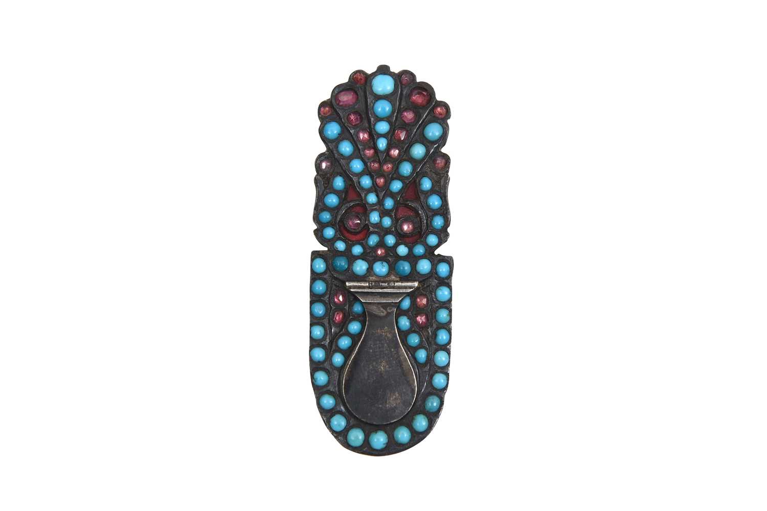 Lot 229 - A TURQUOISE AND GARNET-ENCRUSTED WHITE METAL PEN CASE INKWELL (DAWAT)