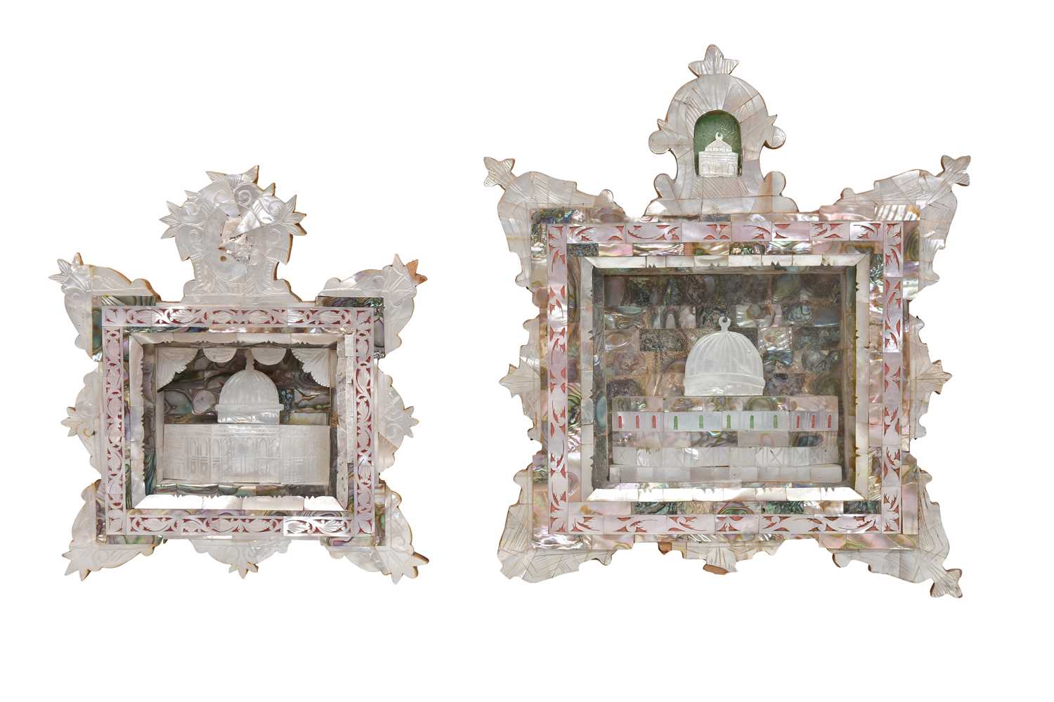 Lot 236 - TWO MOTHER-OF-PEARL-INLAID OLIVE WOOD DIORAMAS WITH THE DOME OF THE ROCK