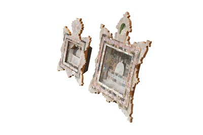 Lot 236 - TWO MOTHER-OF-PEARL-INLAID OLIVE WOOD DIORAMAS WITH THE DOME OF THE ROCK