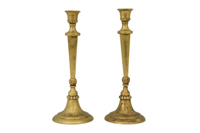 Lot 52 - A PAIR OF BRASS OTTOMAN SULEYMANIYE CANDLESTICKS