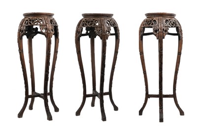 Lot 76 - THREE TALL CHINESE WOOD STANDS WITH MARBLE TOPS