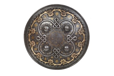 Lot 158 - A BRASS-MOUNTED GOLD-DAMASCENED (KOFTGARI) STEEL CEREMONIAL SHIELD (DHAL)