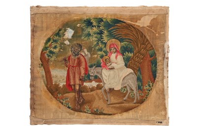 Lot 159 - AN EMBROIDERED AND PAINTED TEXTILE 'FLIGHT INTO EGYPT' PANEL