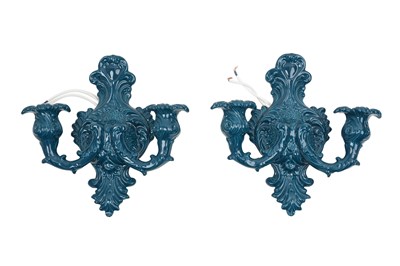 Lot 119 - A PAIR OF ITALIAN TEAL-GLAZED CERAMIC WALL SCONCES BY REBIRTH